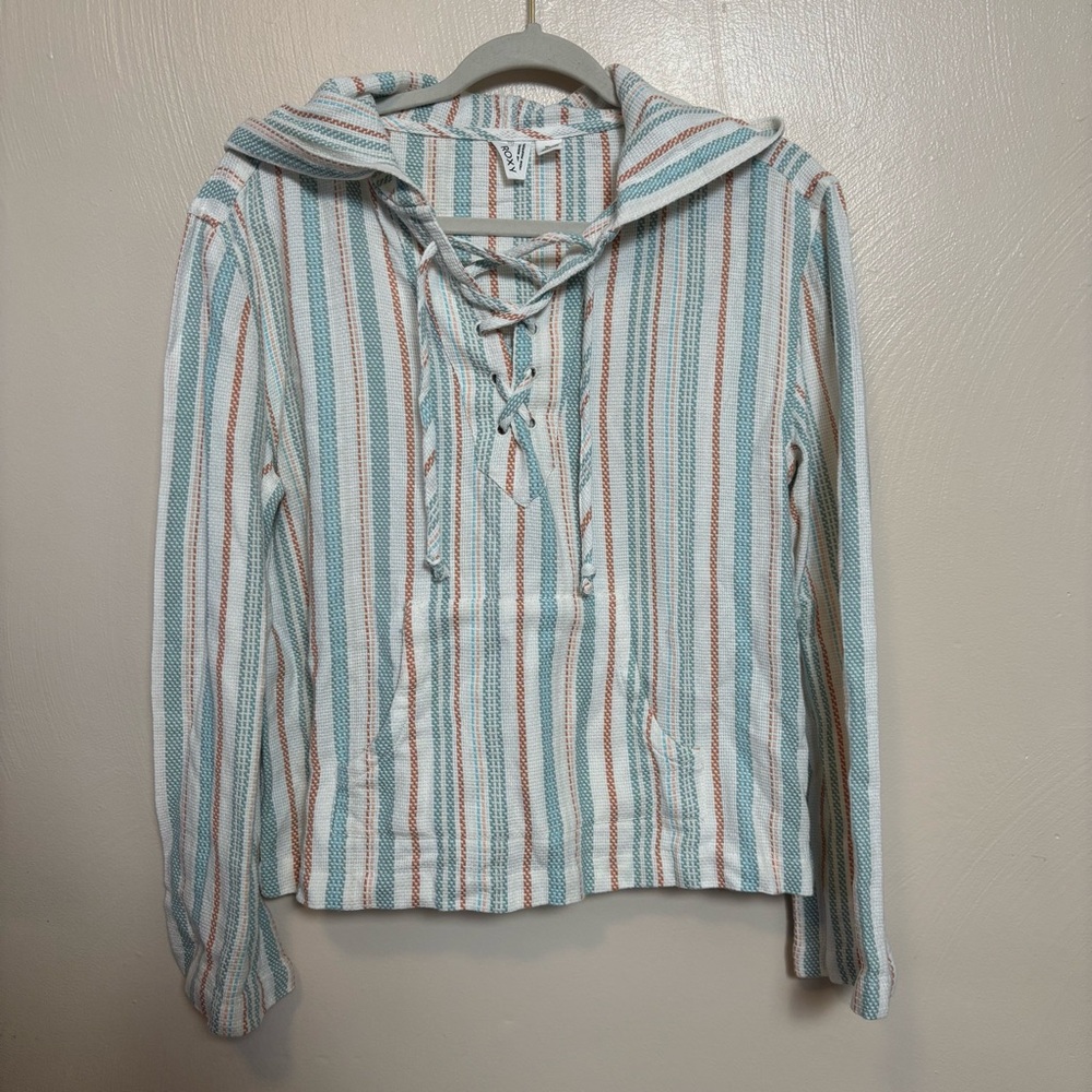 Roxy Womens Poncho Hooded Long Sleeve V-Neck Blue Orange White Stripe Size Small